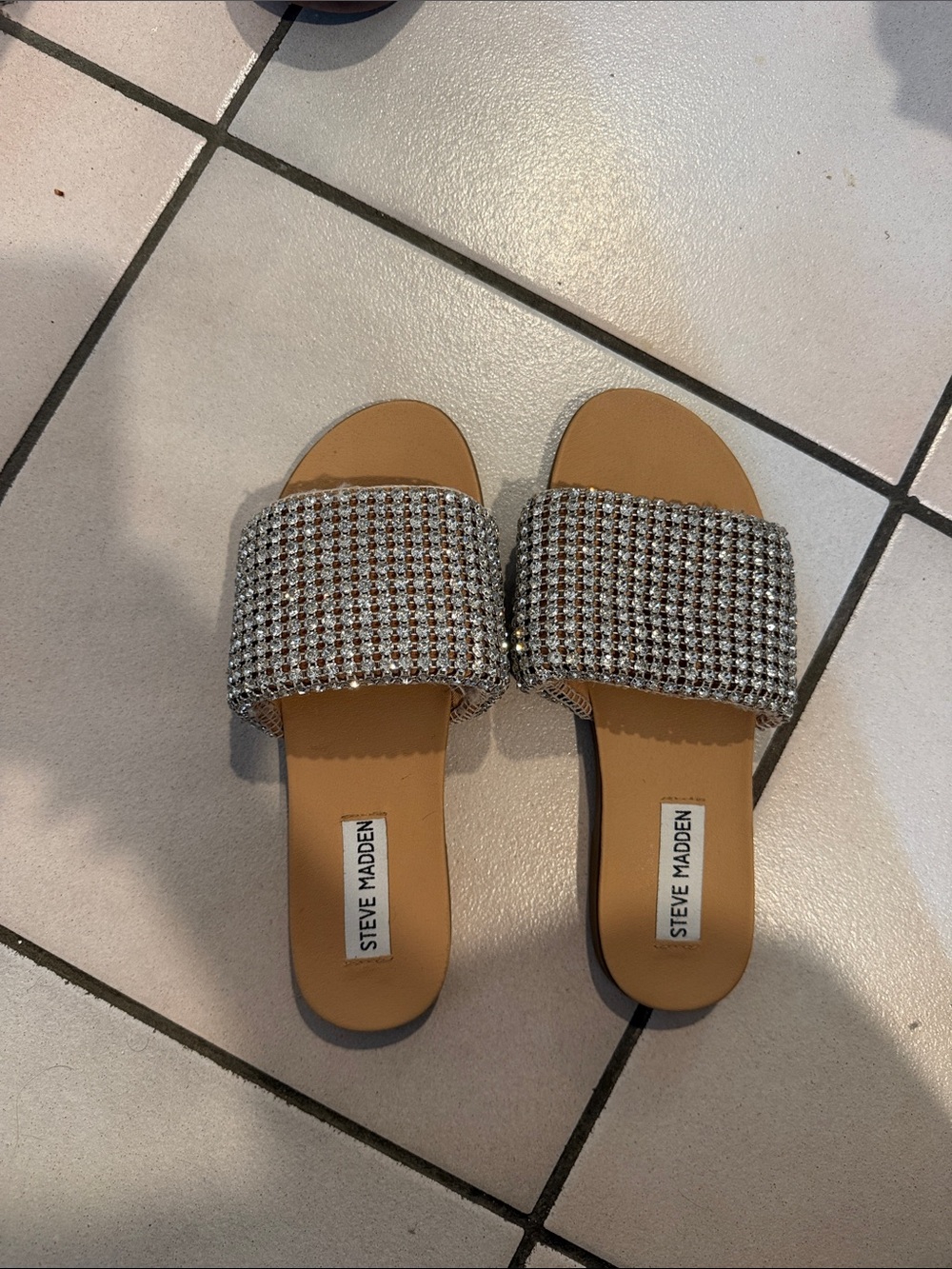 Steve Madden Silver Crystal-Embellished Tan Footbed Slide Sandals